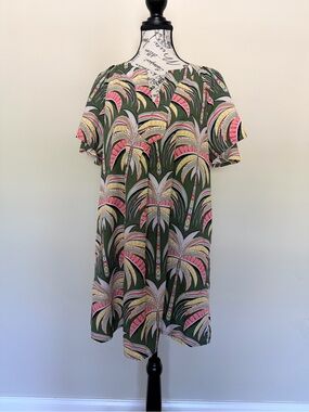 crown & ivy Olive Green Palm-Print Casual Dress with Pink and Yellow Accents